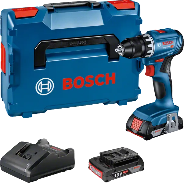Bosch GSR 18V-45 akku-boremaskine med batteri, oplader og kuffert.